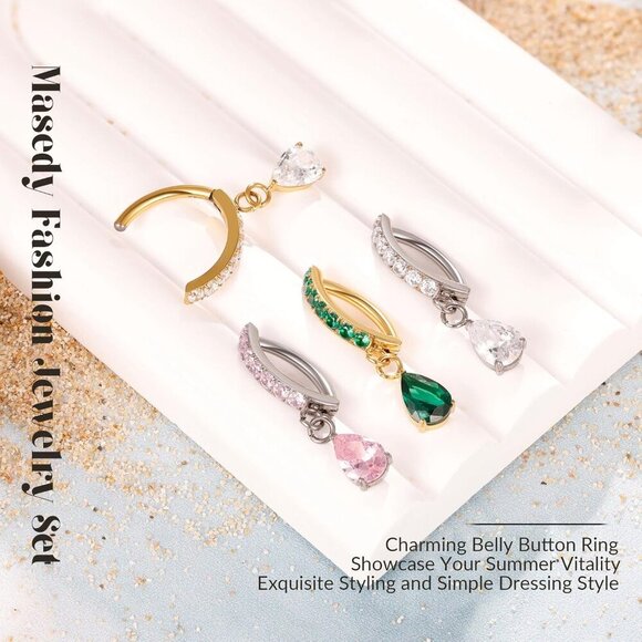 Titanium Belly Button Ring 14G Dangle CZ Teardrop Hypoallergenic Jewelry - Picture 4 of 6